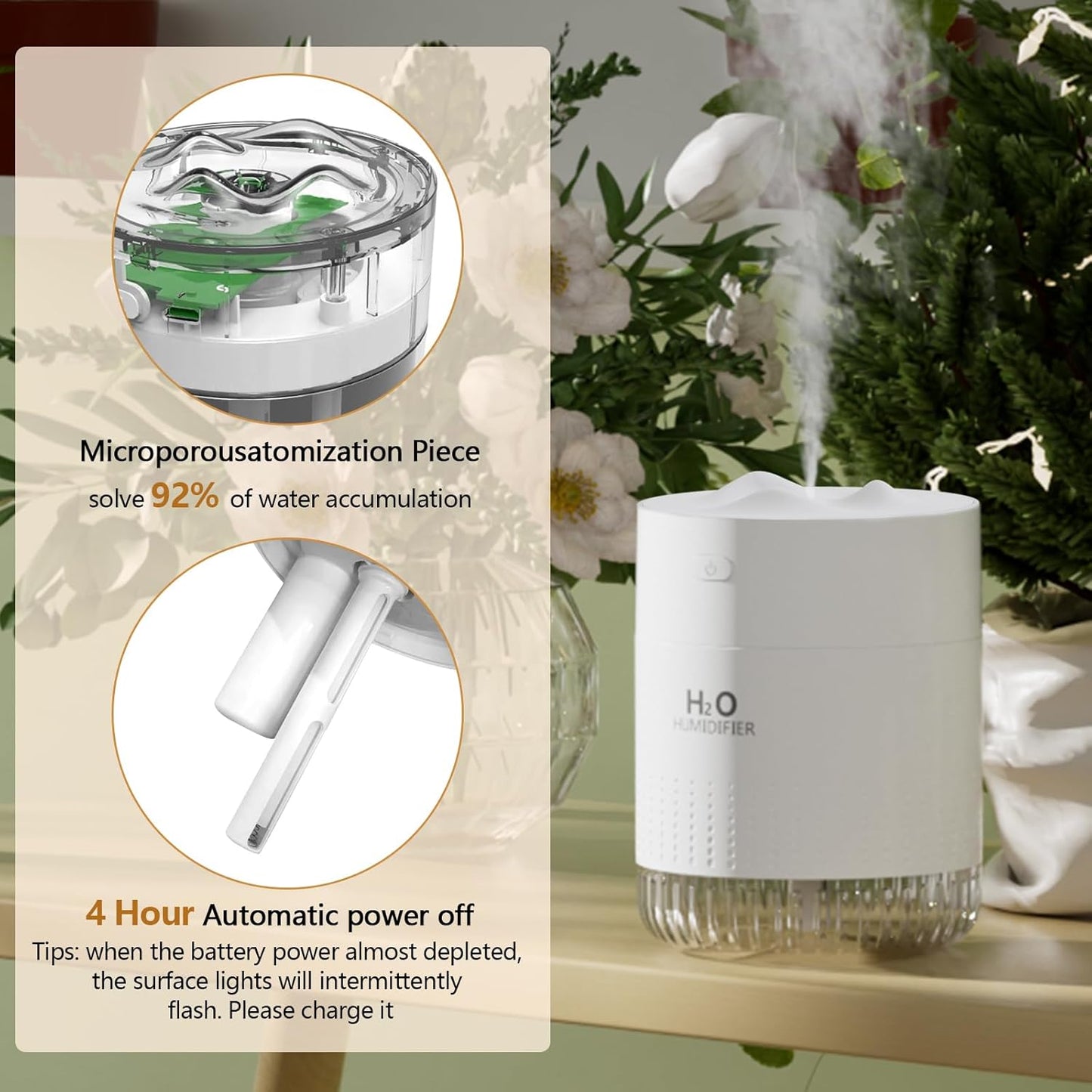 Portable Mini Humidifier for Plants, 500ml Cool Mist USB Rechargeable Humidifier with Night Light and Auto Shut-Off