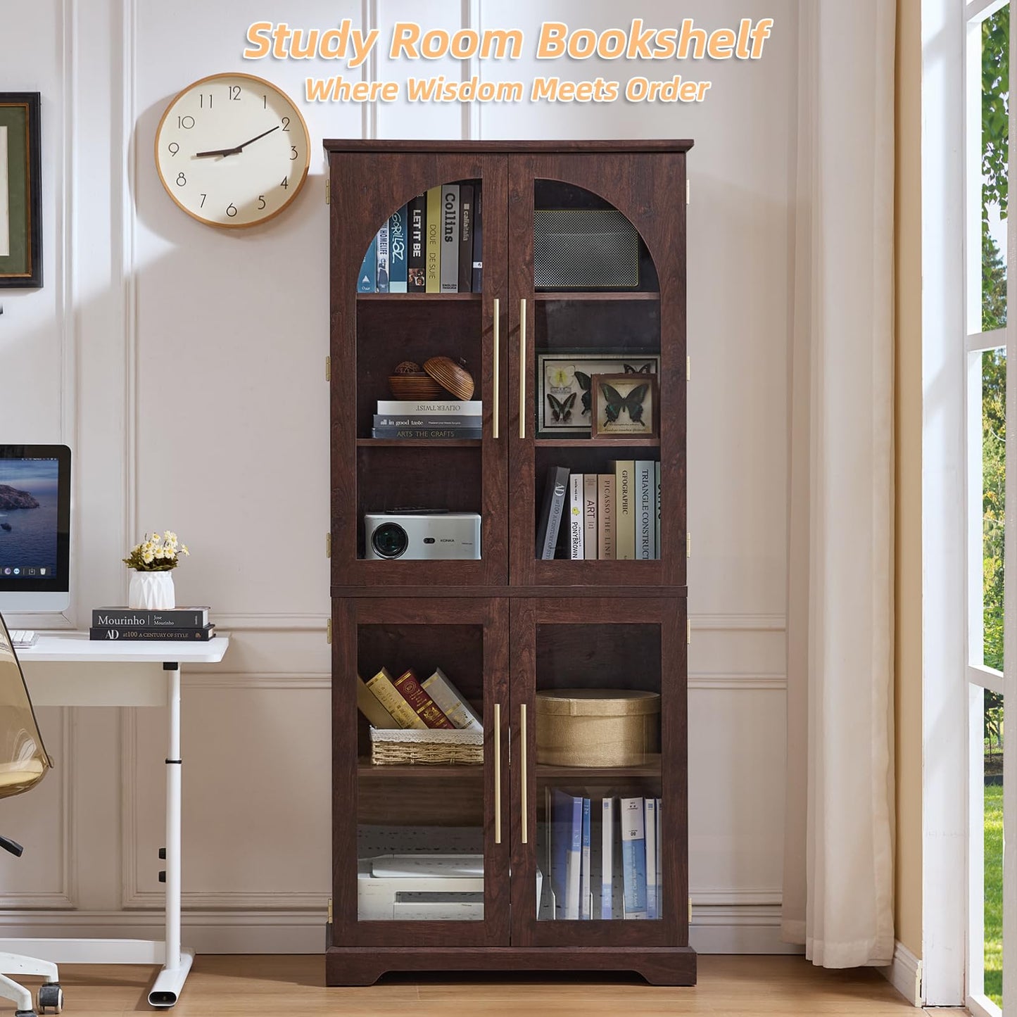 Joaxswe 72" Tall Bookshelf with 4 Curved Glass Doors, Farmhouse Bookcase with 3-Tier Adjustable Shelves, Modern Living Room Display Cabinet, Large Storage Cabinet for Home Office,Dining Room, Walnut