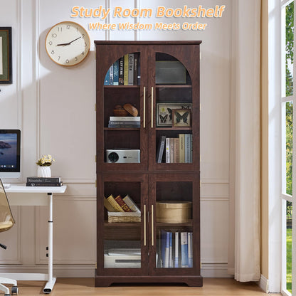 Joaxswe 72" Tall Bookshelf with 4 Curved Glass Doors, Farmhouse Bookcase with 3-Tier Adjustable Shelves, Modern Living Room Display Cabinet, Large Storage Cabinet for Home Office,Dining Room, Walnut