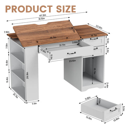 Lurinthal Drafting Table with Storage Cabinet & Drawers, Adjustable Drawing Desk with Open Shelves, Craft Table Painting Desk for Artists, Painters, Drawing, Crafting, Reading, Writing, Working