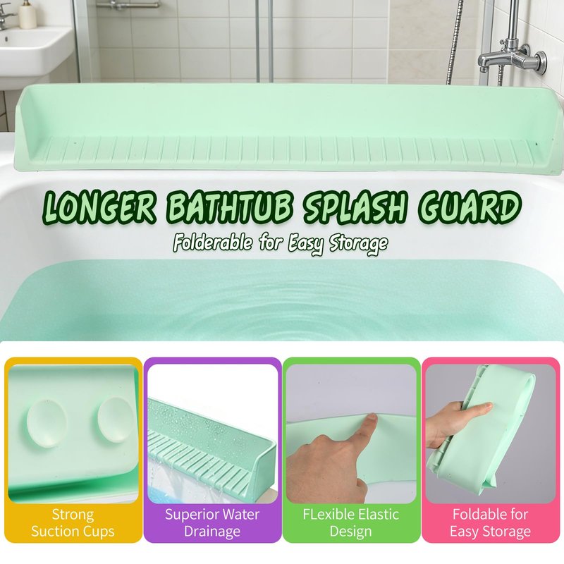 Bathtub Splash Guard for tub Kids& Bath Shelf for Kids – Toddler Bath Tray, Bath Toys Storage & Ledge Organizer – Splash Guard for Bathtub with Suction Cups – Kids Bathroom Accessories(2.6FT, Green)