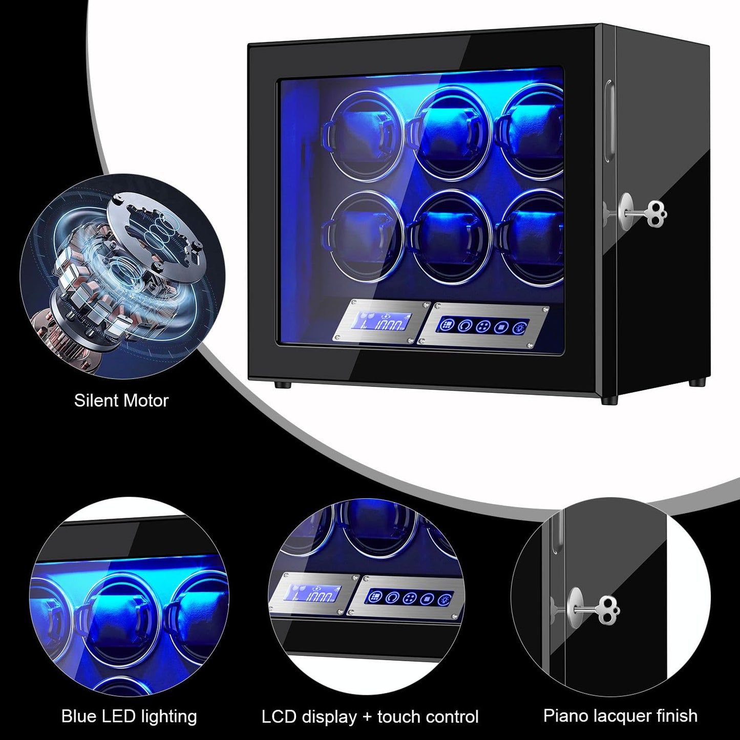 GCCRGRC Watch Winder 6 Slots Automatic Watches,Ultra-Quiet Japanese Motors, Built-in LED Illumination and LCD Touchscreen Control