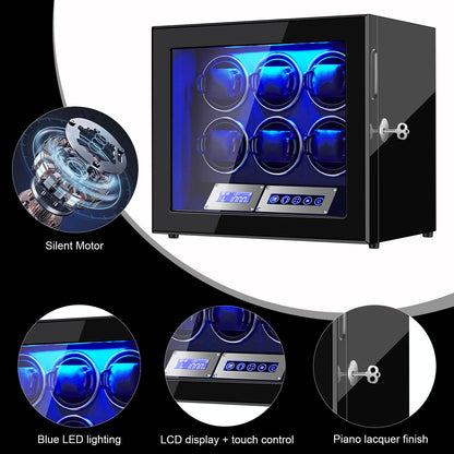 GCCRGRC Watch Winder 6 Slots Automatic Watches,Ultra-Quiet Japanese Motors, Built-in LED Illumination and LCD Touchscreen Control