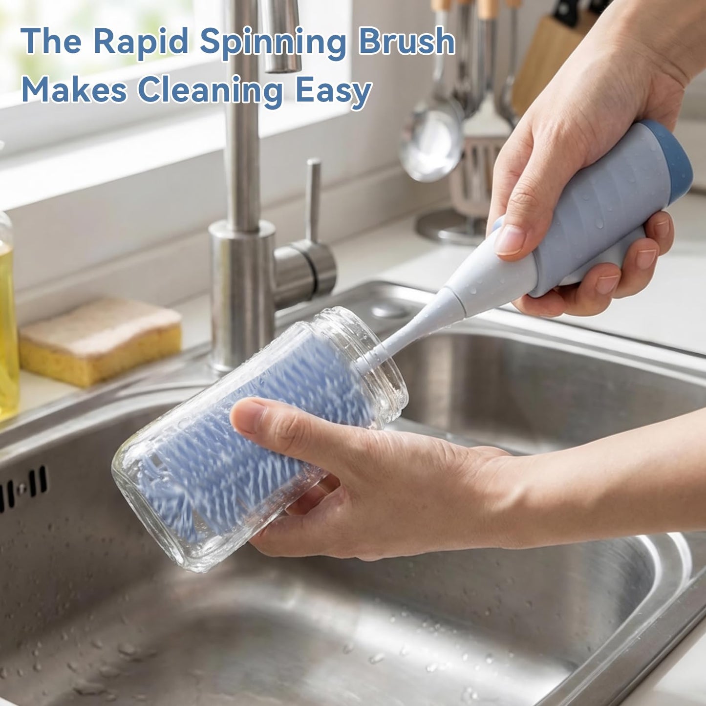 Swishine Baby Bottle Brush Set, Innovative Efficient Press-to-Spin Brush Cleaner - Includes Silicone Bottle Brush, Nipple Brush, Straw Cleaner - Spinning Generates Rich Foam for Deep Cleaning, Blue