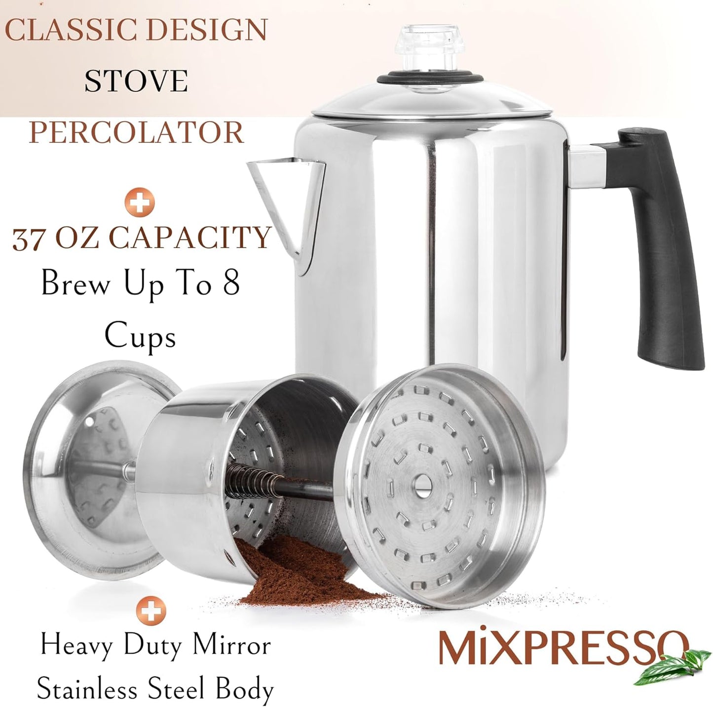 Mixpresso Stainless Steel Coffee Percolator, Stovetop Coffee Pot, 37oz, Excellent for Camping Coffee