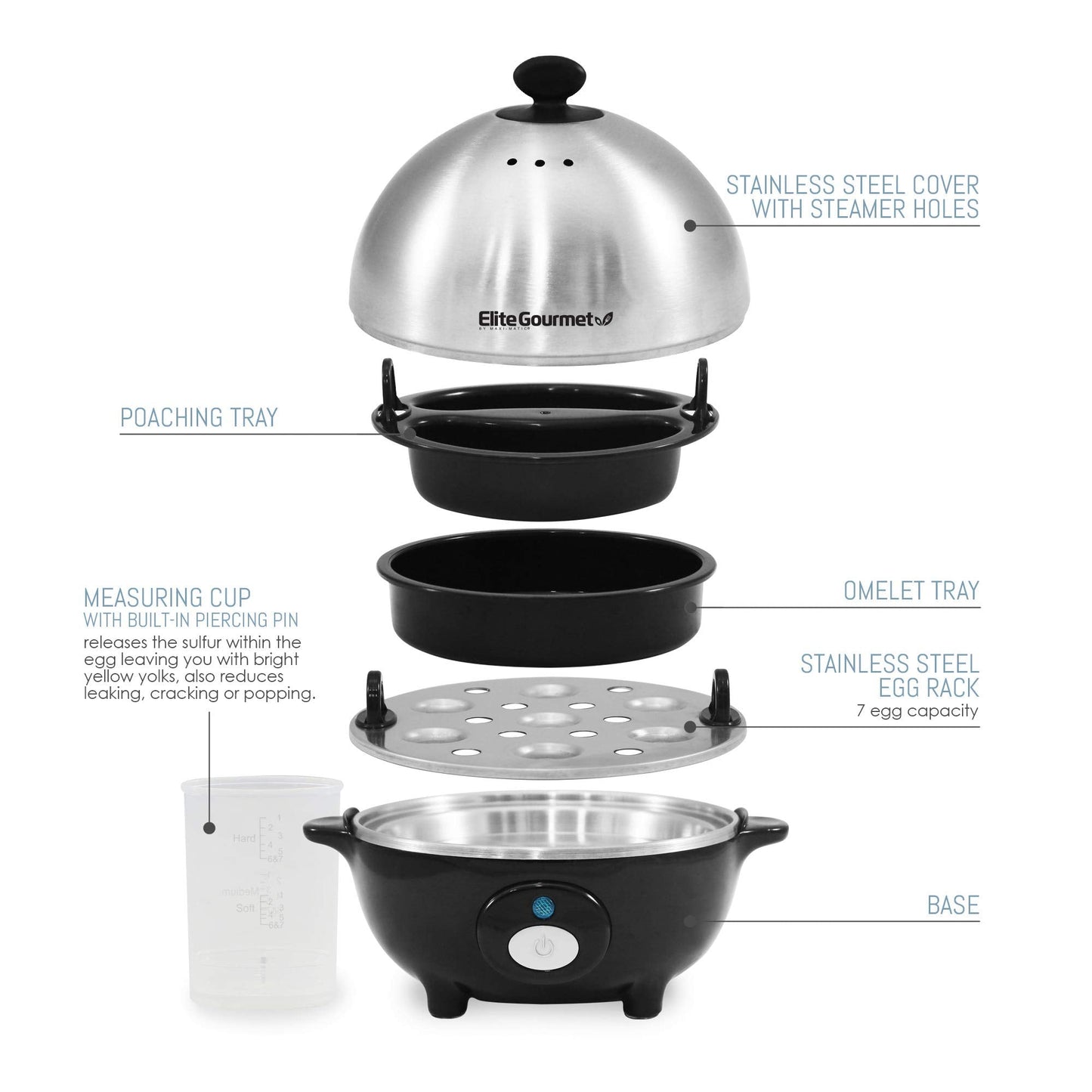 Elite Gourmet EGC-508 Rapid Egg Cooker, 7 Easy-To-Peel, Hard, Medium, Soft Boiled Eggs, Poacher, Omelet Maker, Auto Shut-Off, Alarm, 16-Recipe Booklet, Stainless Steel