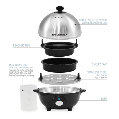 Elite Gourmet EGC-508 Rapid Egg Cooker, 7 Easy-To-Peel, Hard, Medium, Soft Boiled Eggs, Poacher, Omelet Maker, Auto Shut-Off, Alarm, 16-Recipe Booklet, Stainless Steel