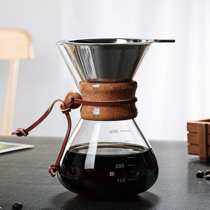TOPINCN Double Layer Filter V Spout Wooden Sleeve Pour Over Coffee Maker 400ml Capacity, Clear Scale Glass Material