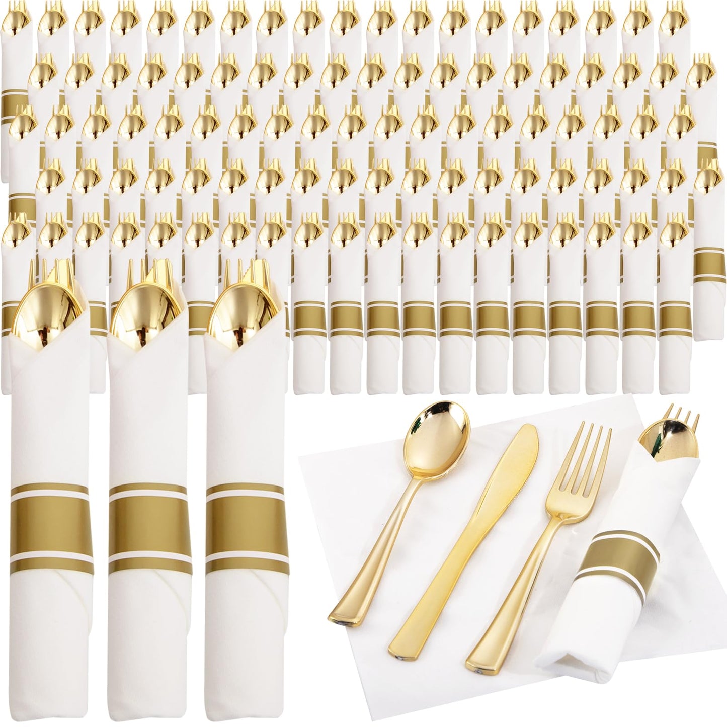 Supernal 120Pack Gold Plastic Silverware Wrapped Plastic Cutlery Set with Napkin,Pre Rolled Napkins with Cutlery Set,Rolled Silverware Disposable For Valentine's Day Mother's Day and Easter