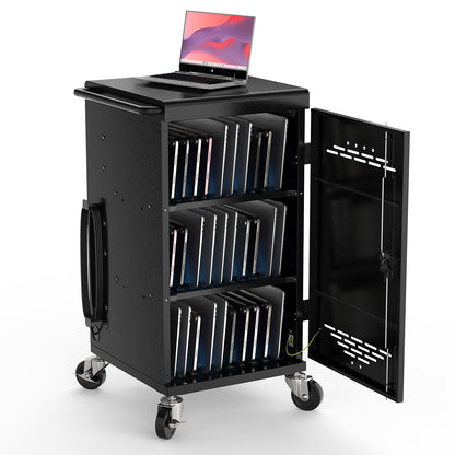Metateel 30-Device Charging Cart for Chromebook, iPad & Laptops up to 14" – Laptop and Tablet Storage Cart with Cable Management, Circuit Breaker & Grounding Protection, Black (Assembly Required)