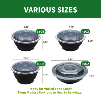 Apsic Meal Prep Bowls Containers, 50 Sets 48oz (100-Piece) Plastic Bowls with Lids for Soup Salad, Disposable To Go Food Storage Container, Round Lunch Box, BPA Free, Microwave/Dishwasher/Freezer Safe