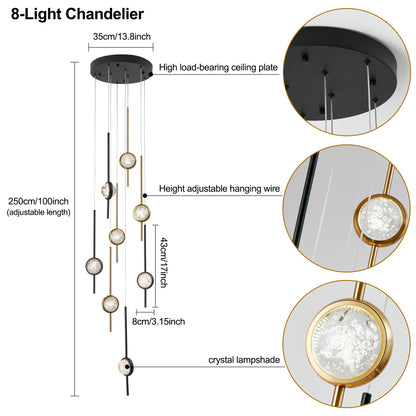 Voerqi 8-Light Chandelier,Crystal Globe Ball Bubble Chandelier with Special Black Gold pins.Black and Gold Chandelier for Spiral Staircase, Foyer, Entryway,High Ceiling (24W)