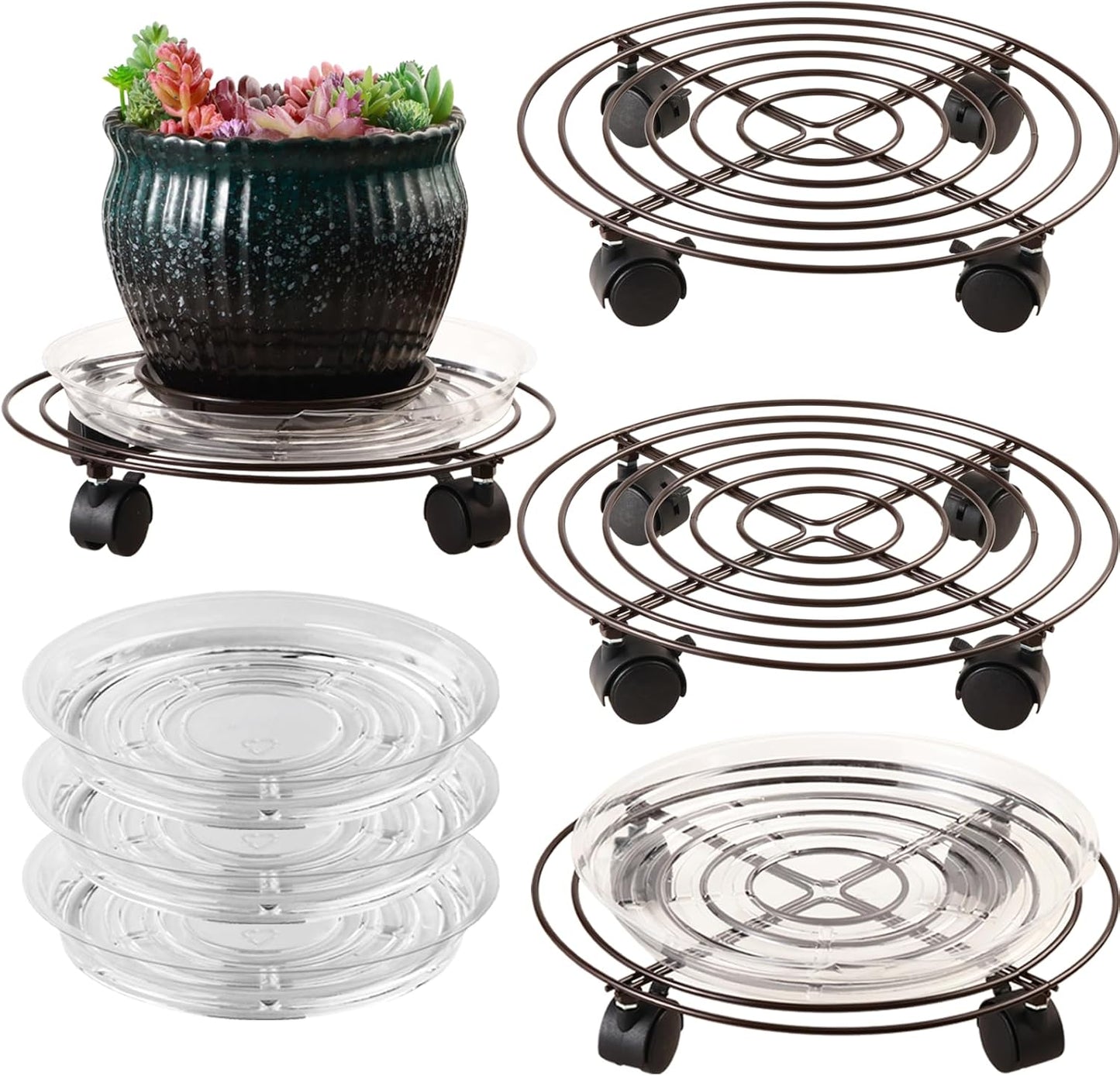 3 Packs 13" Large Metal Plant Caddy with Wheels Heavy-duty Wrought Iron Rolling Plant Stands with Casters Plant Dolly
