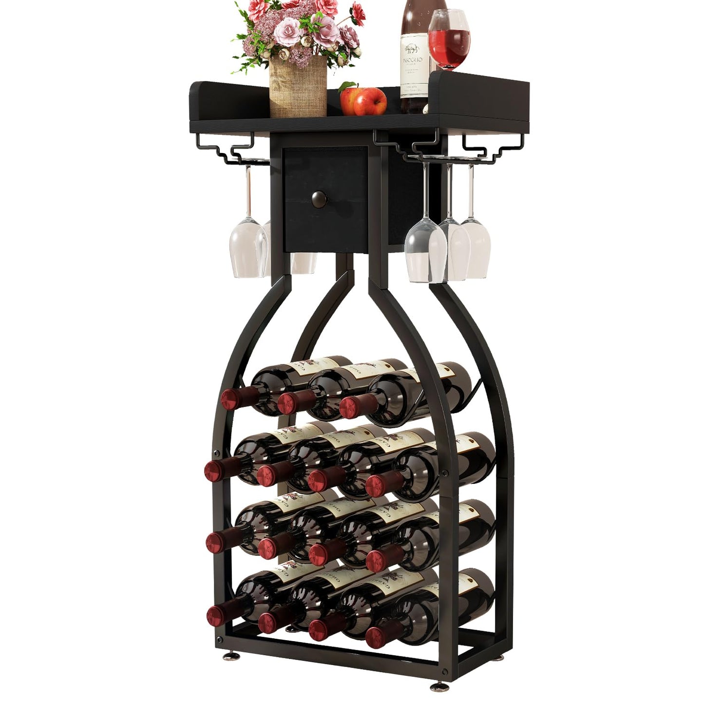 IBUYKE Wine Rack Freestanding Floor,Wine Storage 15 Bottles Bottle Rack with Glass Holders, Mini Bar Wine Cabinet with Storage Drawer for Home Bar Kitchen Dining Room,Black,UTMJ908B