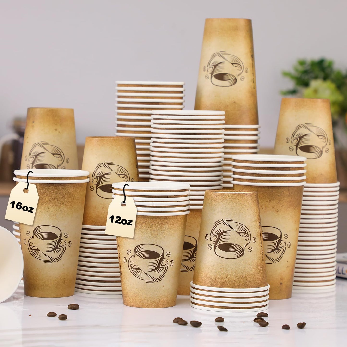 Clawsoff 300 Pack 12oz Paper Coffee Cups, Hot/Cold Beverage 12oz Disposable Coffee Cups, Retro Design, Leak-Proof, Hot or Cold Drink, Cocoa, Chocolate, Coffee Bar Supplies