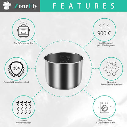 Zonefly for Instant Pot 3 Qt Inner Pot Replacement insert, Stainless Steel Cooking Pot Liner with Polished Surface & Easy to Clean - 3Quart Instapot Rice Cooker Accessories, Includes 2pcs Seal Rings