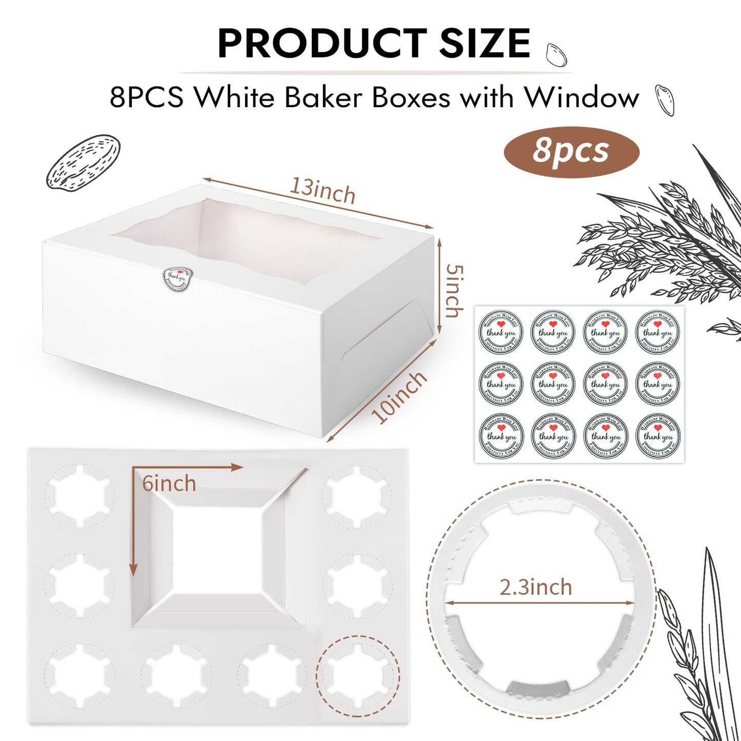 JCD 9 Holes Fit 8 Cupcakes and 1 Mini Cake Box Combo,8 sets of Cake Boxes, Pastry Sweets Bento Box, Cupcake Combo Box with Stickers(1+8/8pcs)