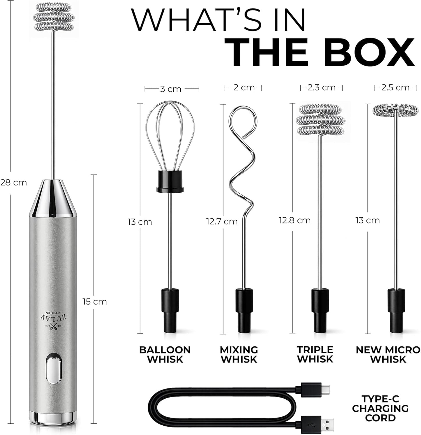 Zulay Kitchen Rechargeable Milk Frother - Handheld Electric Drink Mixer with 3 Whisk Attachments | USB-C Charging, Lasts Up to 6 Months