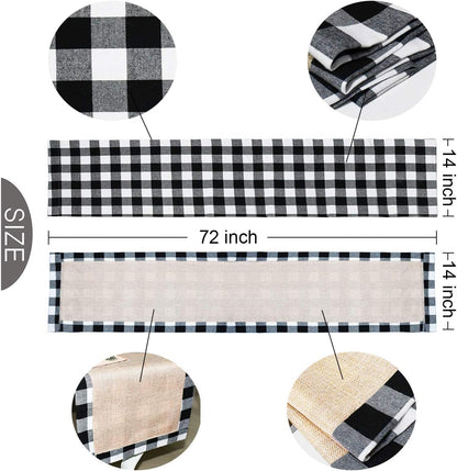 Senneny Christmas Table Runner 14 x 72 Inch, Burlap & Cotton Black White Plaid Reversible Buffalo Check for Holiday