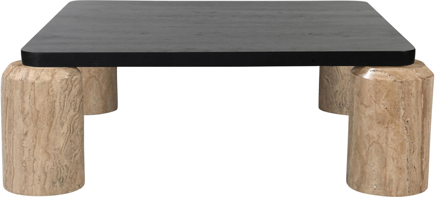 Meridian Furniture 99009Travertine-CT Ferrara Collection Art Deco Coffee Table with Genuine Travertine Legs, Black Finished Solid Oak Wood Top, 42" W x 42" D x 14" H, Natural