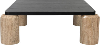 Meridian Furniture 99009Travertine-CT Ferrara Collection Art Deco Coffee Table with Genuine Travertine Legs, Black Finished Solid Oak Wood Top, 42" W x 42" D x 14" H, Natural