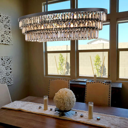 TOCHIC Chandelier 40 inch, Farmhouse Black Crystal Chandelier, Kitchen Island Lighting, Dining Room Light Fixture for High Ceiling, Modern Linear Oval Chandeliers for Living Room, Office Area, Bar