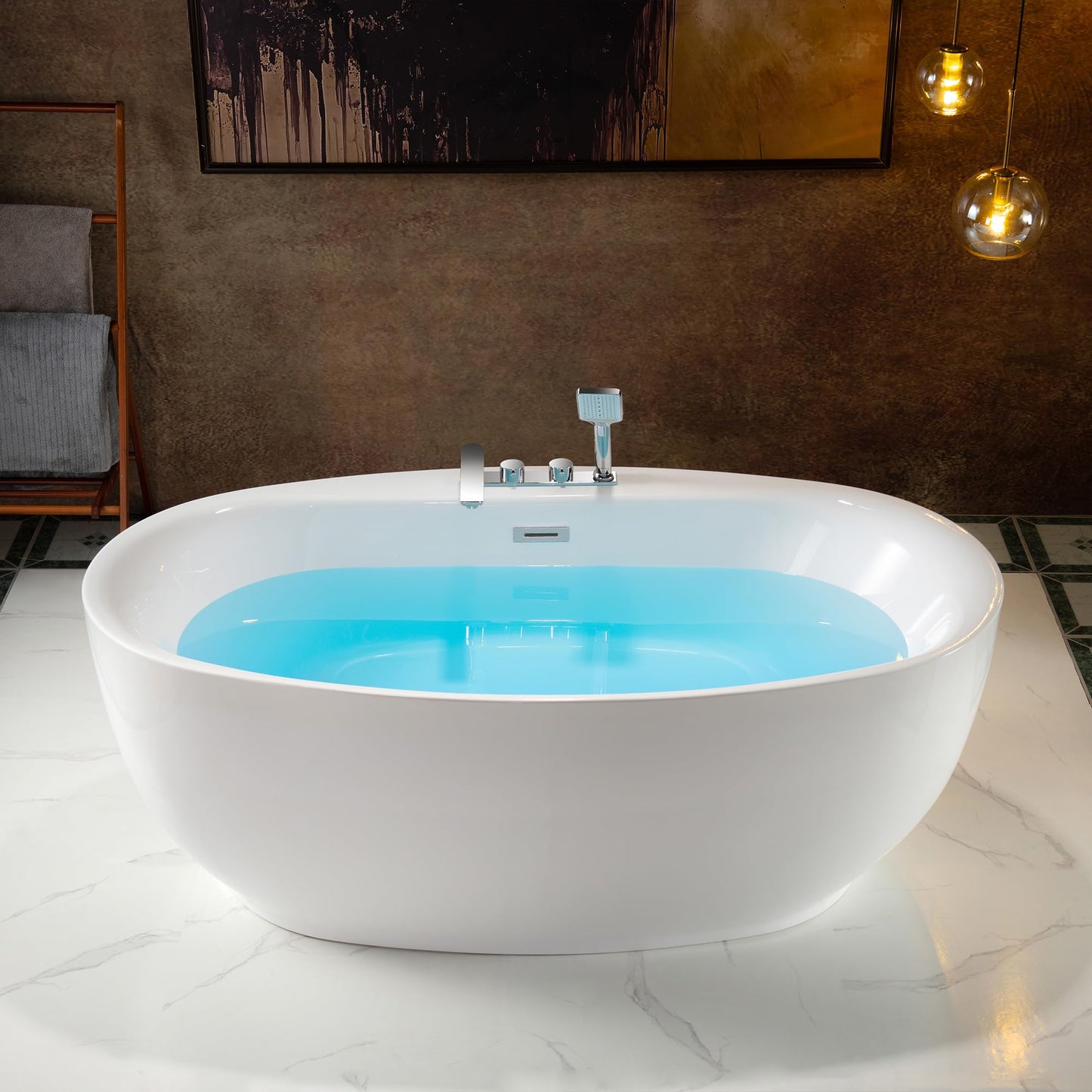 WOODBRIDGE 66" Acrylic Freestanding Bathtub Contemporary Soaking White Tub with Brushed Nickel Overflow & Drain and Faucet,B0027-BN