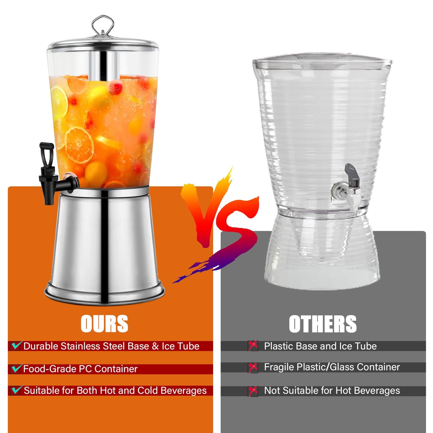 2 Gallons Beverage Dispenser With Stand, Drink Dispensers for Parties, Stainless Steel Juice Dispensers with Ice Tube and Spigot, Punch Dispenser For Parties
