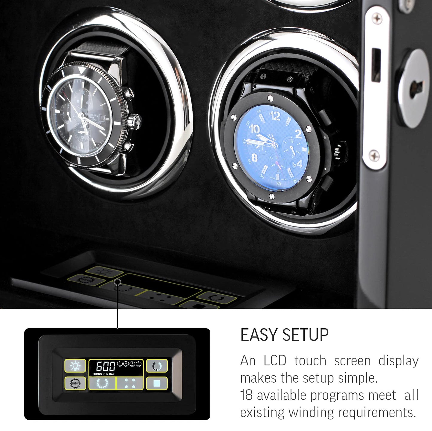 Watch Winder for 4 Watches with LED Backlight, LCD Display and Motor-Stop Option (Black & Black)