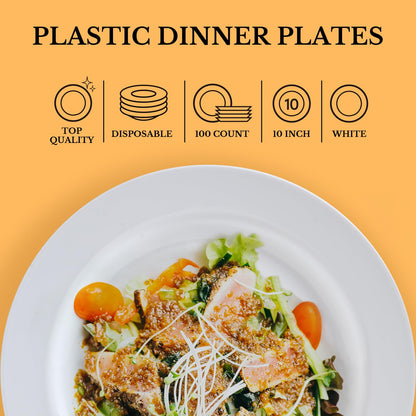 FOCUSLINE 100 Count White Plastic Plates 10 Inch, Disposable Heavy Duty Dinner Plates- Premium Hard Plastic Plates Fancy Disposable White Plates for Weddings, Parties and Events