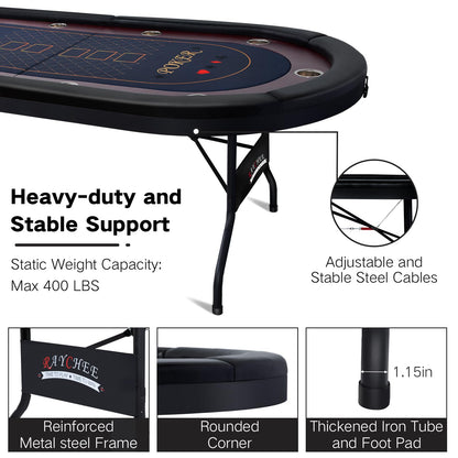 REAHOISY 10 Player Foldable Poker Table, 86" Large Professional Folding Texas Holdem Poker Card Table, Portable Casino Table for Game Room with Padded Rails & Cup Holders