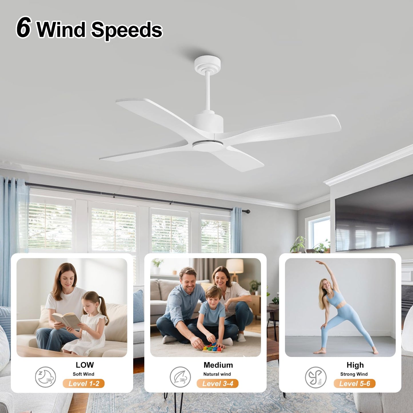 LEDLUX 54" Ceiling Fan without Lights -Modern Ceiling Fan no Light, 6-Speed Remote, 4 Solid Wood Blades, Quiet DC Motor, for Bedroom, Living Room, Outdoor, White