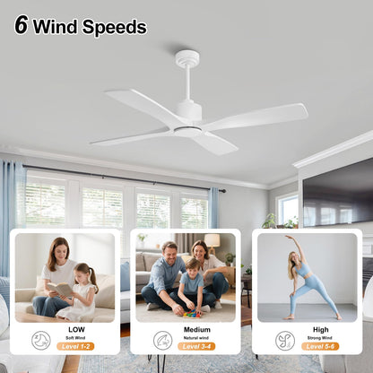 LEDLUX 54" Ceiling Fan without Lights -Modern Ceiling Fan no Light, 6-Speed Remote, 4 Solid Wood Blades, Quiet DC Motor, for Bedroom, Living Room, Outdoor, White