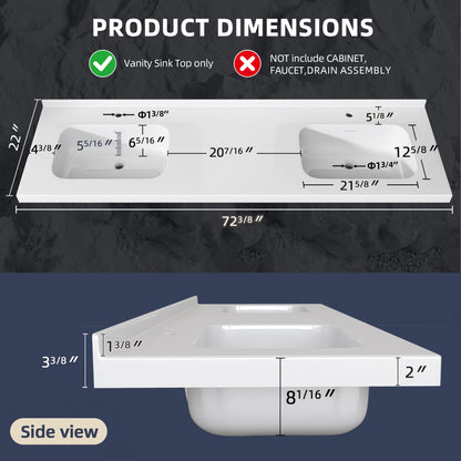 72 x 22 White Vanity Top with Sink Solid Surface Bathroom Vanity Sink Top with Double Sink Integrated Basin Backsplash and Overflow in Glossy Pure White, Cabinet Not Included