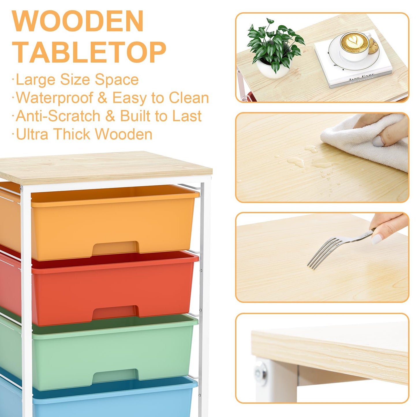 Utility-Rolling-Storage-Drawer-Craft-Cart-Organizer with 4 Drawers and Wooden Tabletop & Lockable Wheels for Home Office, Bedroom, Kids Room, Classroom, 4 Tiers Under Desk Drawer Cart, Macaron