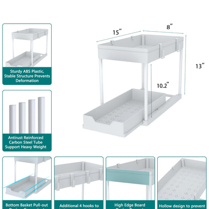DEKAVA Cabinet, 2 Pack Under Sink Organizer, 2 Tier Sliding Bathroom Kitchen Organizer, Large White ABS Baskets, Easy Install & Clean