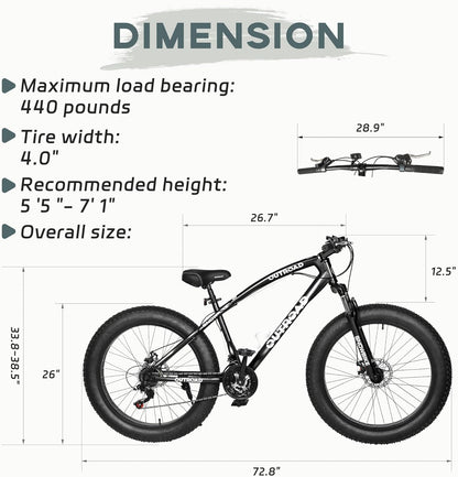 Outroad Mountain Bike Fat Tire with 4-Inch Tire 26 inch Wheels, 21 Speed with High Carbon Steel Frame, Double Disc Brake and Front Suspension Anti-Slip Bikes for Men and Women, Black