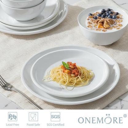 ONEMORE Plates and Bowls Set 12 Pcs,Stoneware Dinnerware Sets for 4 Microwavable,Oven & Dishwasher Safe Porcelain,Scratch Resistant Dishes Set,White