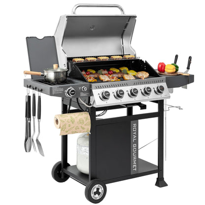 Royal Gourmet GA5406TS 5 Burner Propane Gas Grill with Side Burner and Sear Burner, Cart Style Gas BBQ Grill with Porcelain-Enameled Cast Iron Grates for Backyard Cooking, Silver & Black