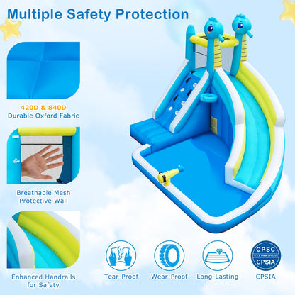 Seahorse Inflatable Water Slide for Kids Backyard | 5-in-1 Blow Up Splash Park with Climbing Wall, WaterSlide, Water Cannon, Basketball Hoop & 480W Blower| Indoor/Outdoor Toys for Ages 3+