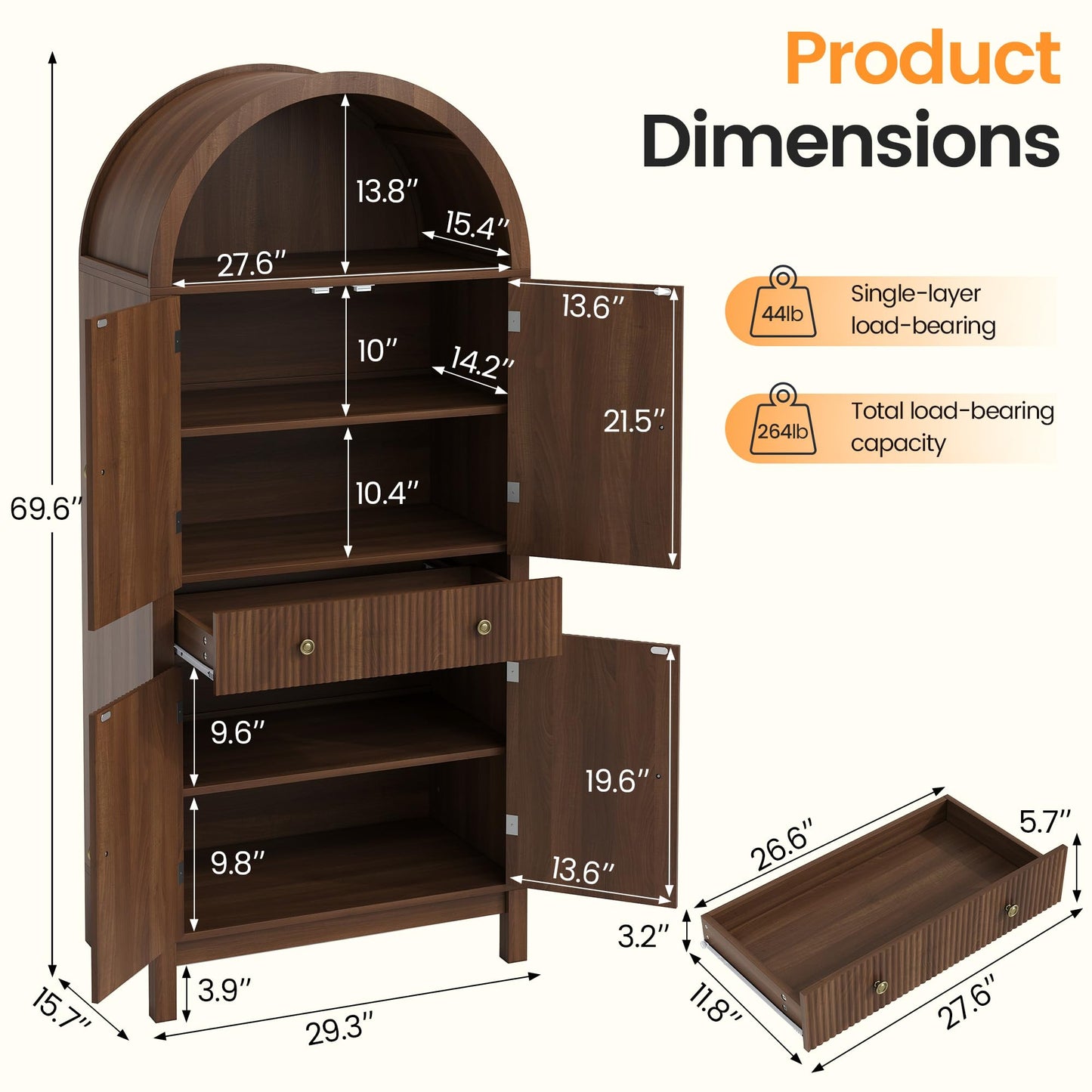 Apicizon 70" Tall Arched Kitchen Pantry Cabinet, 6-Tier Modern Fluted Wood Storage Cabinet with Doors Drawer & Adjustable Shelves, Farmhouse Cupboard Organizer for Dining Room, Bathroom, Walnut