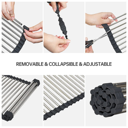 CHIRISEN Expandable Large Roll Up Dish Drying Rack, Foldable Over The Sink Dish Drying Rack, Rolling Dish Drainer Stainless Steel Roll Rack for Kitchen Sink Counter (Black, 21.25x12.79)