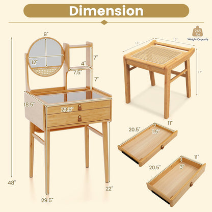 CHEFJOY Boho Vanity Desk with Mirror, Bamboo Makeup Vanity Table & Stool Set w/ 2 Storage Drawers, Hutch Shelves & Tempered Glass Table Top, Small Dressing Table Set for Bedroom