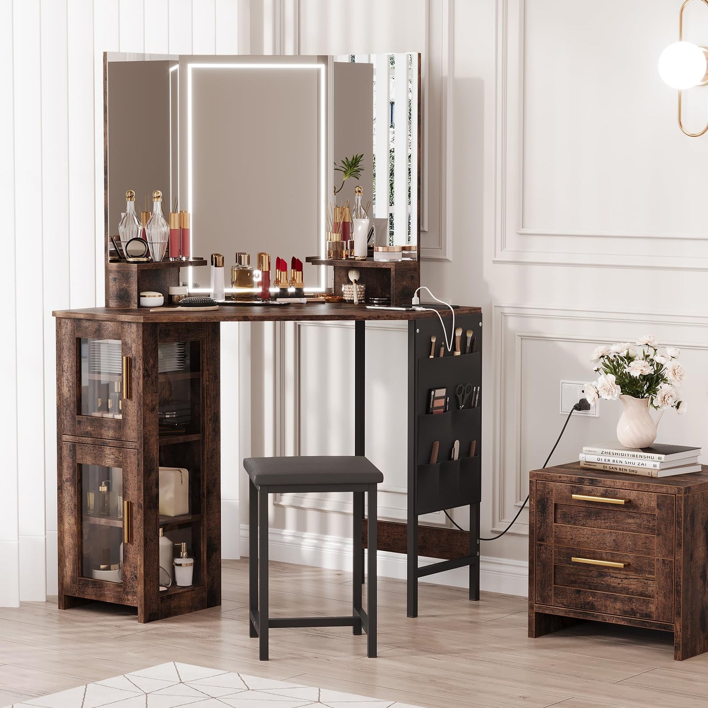 Garvee Corner Vanity Desk and Stool, Corner Makeup Vanity with LED Lighted Mirror Charging Station and Cabinet for Bedroom, Brown
