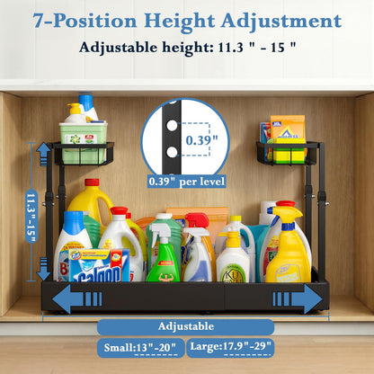 Aisslro Under Sink Organizer, 2 Tier Under the Sink Storage, Expandable Adjustable Slide Out Pull Out Under Cabinet Organizers Shelf, for Kitchen Bathroom Pantry Closet Organization, Black