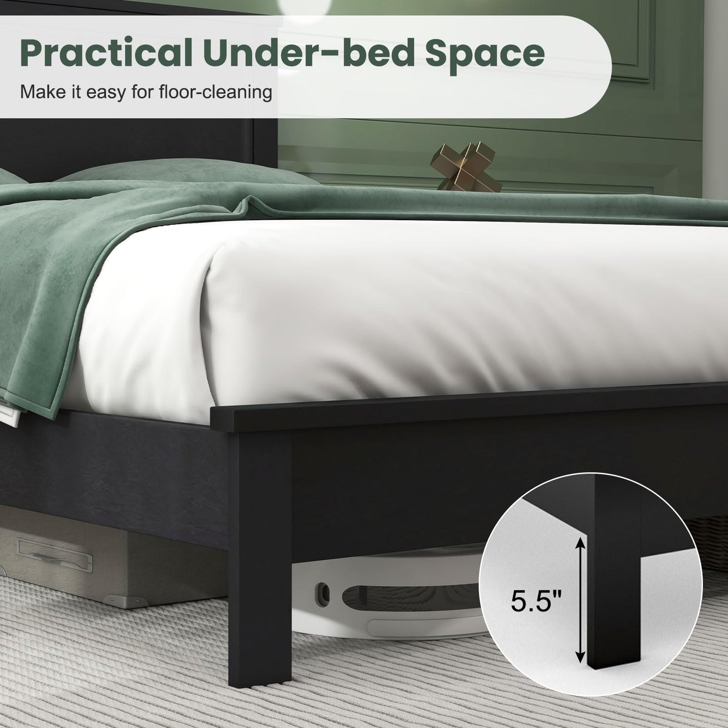 Giantex Wood Queen Platform Bed Frame with Headboard, Mid Century Bed Frame with Solid Wood Legs & Wooden Slat Support, Pallet Bed Mattress Foundation, No Box Spring Needed, Black