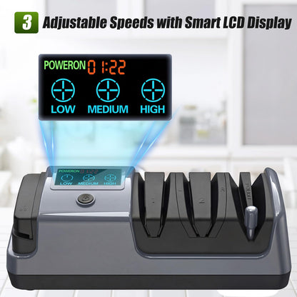 5-in-1 Electric Knife Sharpener for All Knives – Diamond Abrasive Sharpener with 3 Speeds & LCD Display | Sharpens Straight, Serrated, Kitchen Knives & Scissors | Automatic, Safe, Easy to Use (gery)