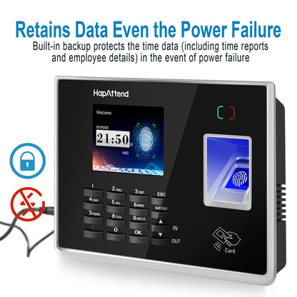 HapAttend Time Clocks for Employees Small Business Automatic Calculate Hours, H1＆H2 No Monthly Fees Fingerprint Time Clock, Standalone Biometric Clock in Machine for Employees with 5 RFID Cards