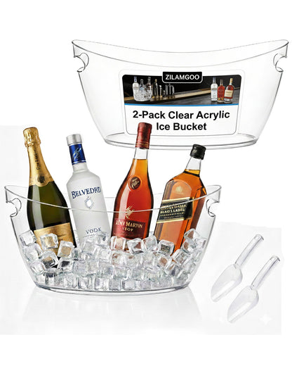 2-Pack Clear Acrylic Ice Buckets for Parties (5.5L Each) – Large Plastic Beverage Tubs with Scoops – Wine Bucket Chiller for Parties, Drink Buckets for Outdoor Events, Mimosa Bar, BBQ