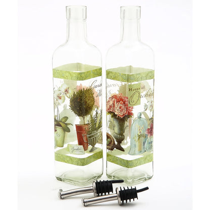CEDAR HOME Olive Oil Bottle Set Glass Dispenser Vinegar Cruet 17oz. with Stainless Steel Leak Proof Pourer Spout for Cooking or Salad Dressing, 2 Pack, Green